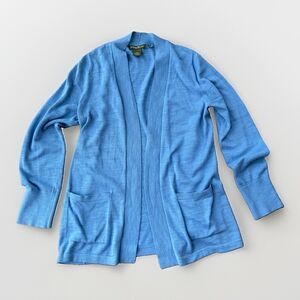 Eddie Bauer Womens L Open Front Cardigan Sweater Blue Knit Pockets Long Sleeve
